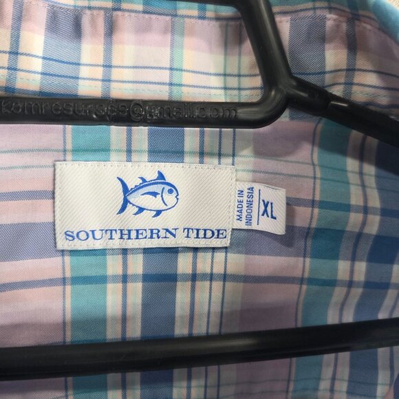 Mens Southern Tide Blue Pink Plaid Shirt Button Down Long Sleeve Cotton Blend XL - Picture 2 of 8